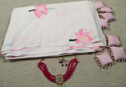 Pink Lotus Print Saree with Beaded Tassels(Code PLP-01)