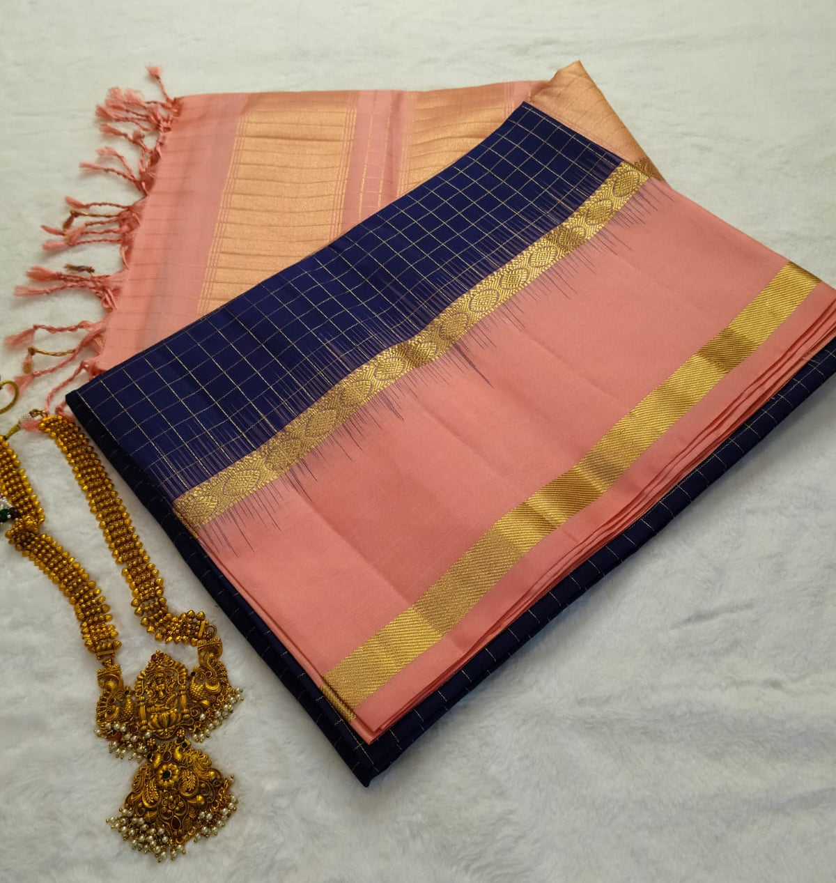 Pure Silk Saree – Peach & Navy blue (Code PSS-27)