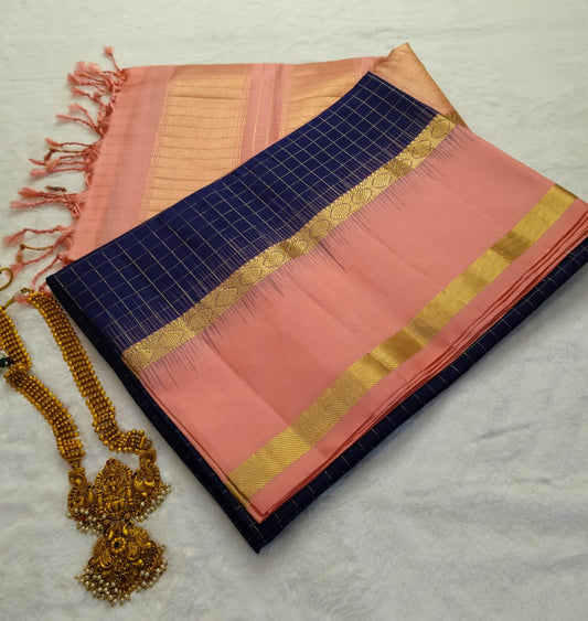Pure Silk Saree – Peach & Navy blue (Code PSS-27)