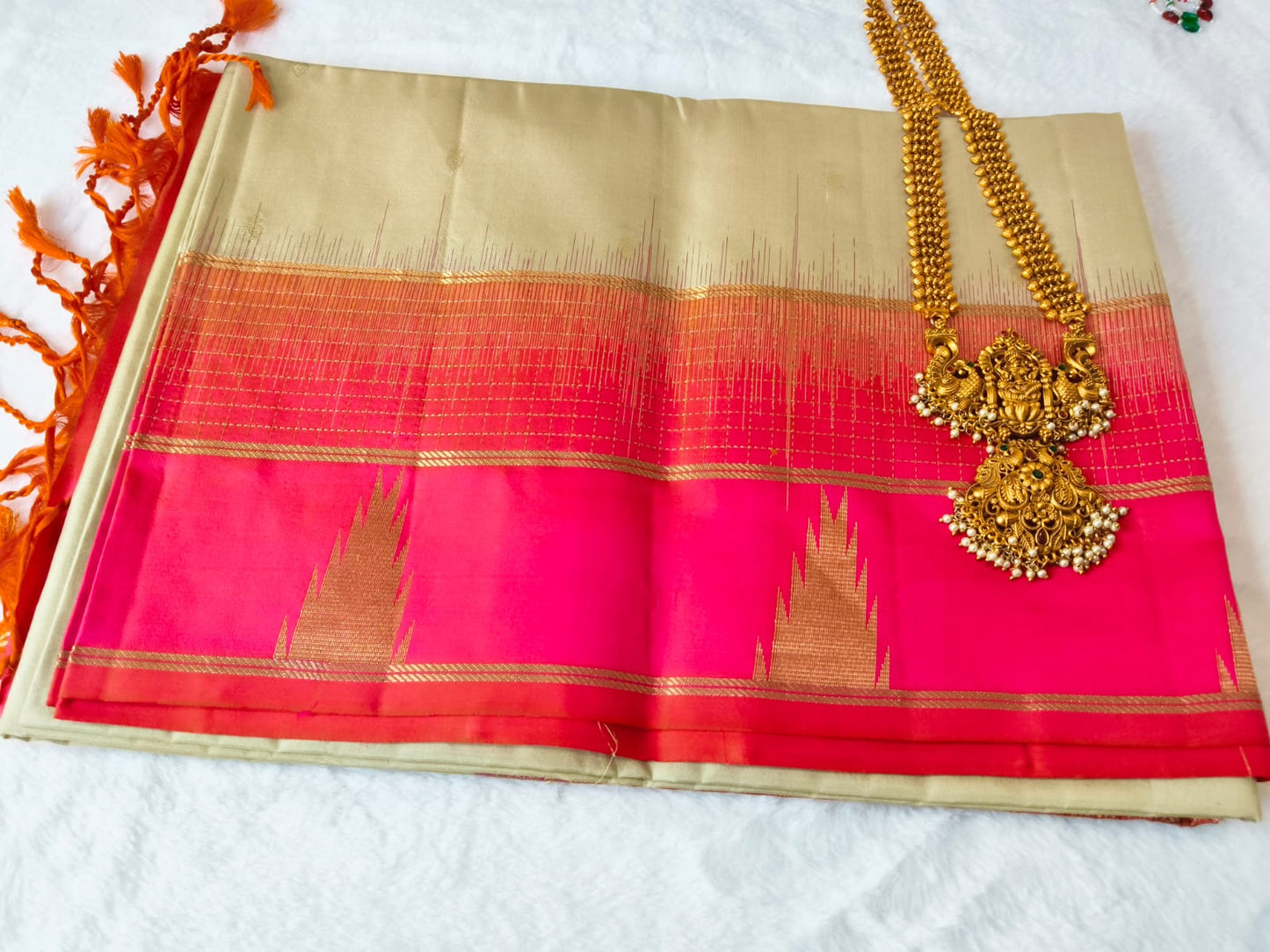 Pure Silk Saree-Beige & Rani Pink(Code PSS-16)