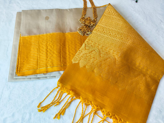 Pure Silk Saree –Mustard Yellow &  Beige(Code PSS-13)