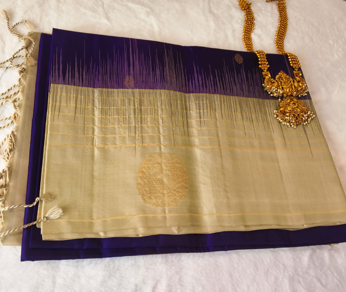 Pure Silk Saree – Cream & Royal Purple(Code PSS-22)