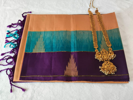 Pure Silk Saree –  Peach & Teal with Royal blue(Code PSS-15)