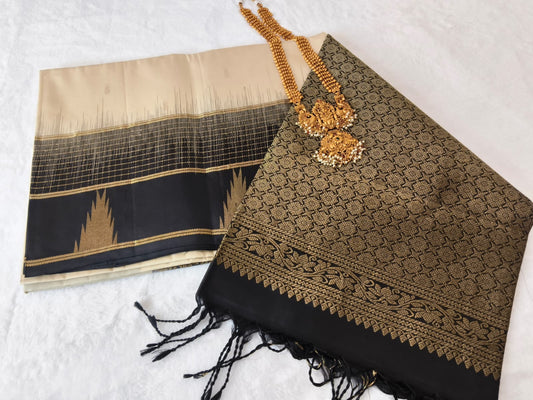 Pure Silk Saree – Cream & Jet Black(Code PSS-14)