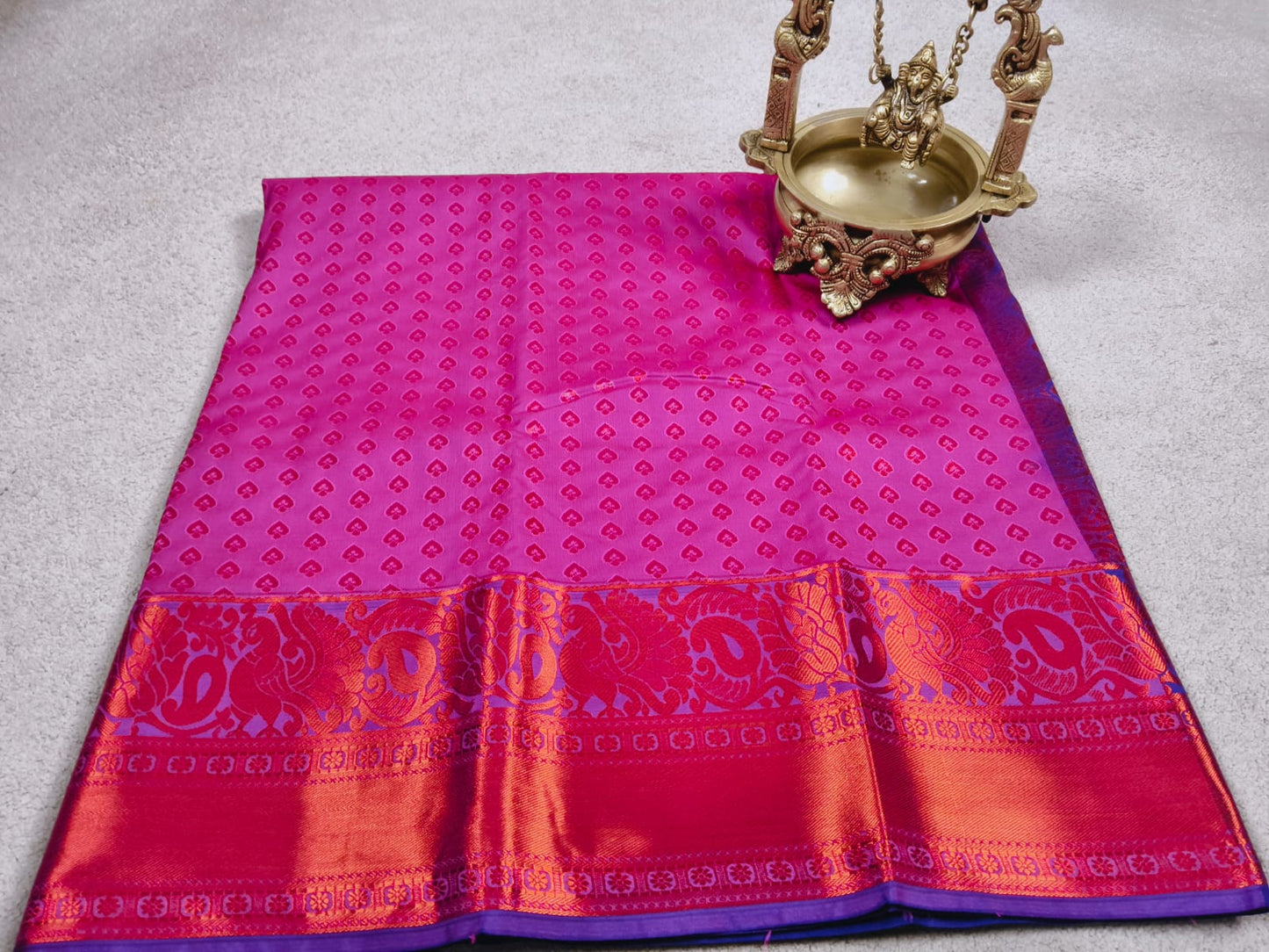 Kanchi Semi Silk Saree – Pink Body with Purple Big Peacock Zari Border(KSS-01)