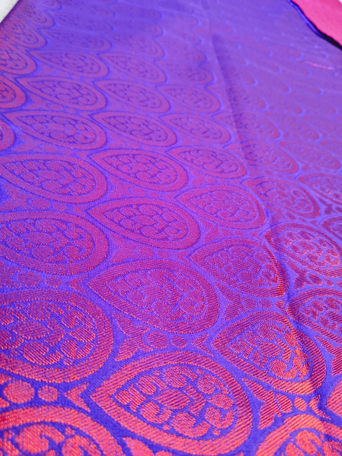 Kanchi Semi Silk Saree – Pink Body with Purple Big Peacock Zari Border(KSS-01)