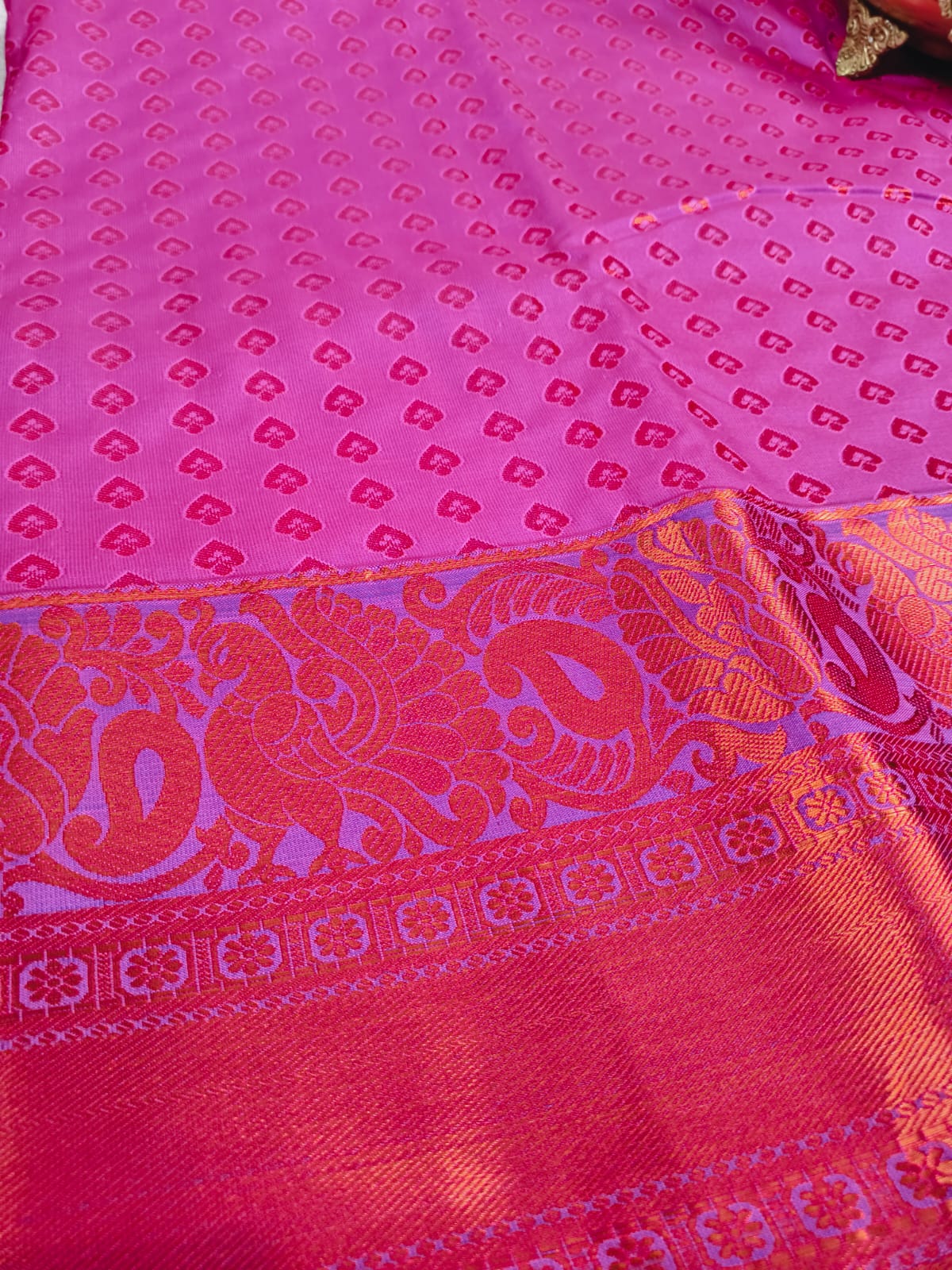 Kanchi Semi Silk Saree – Pink Body with Purple Big Peacock Zari Border(KSS-01)