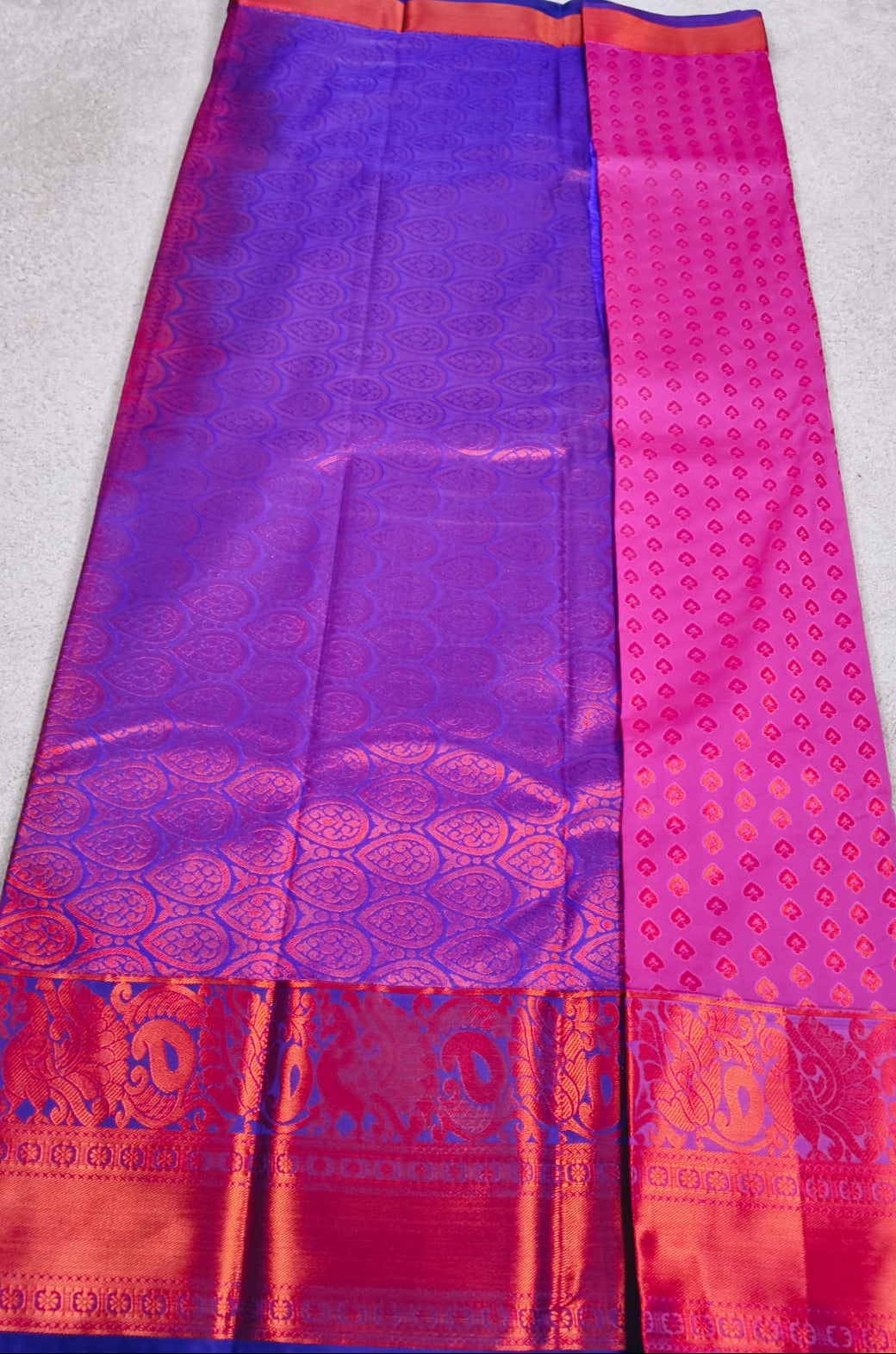 Kanchi Semi Silk Saree – Pink Body with Purple Big Peacock Zari Border(KSS-01)