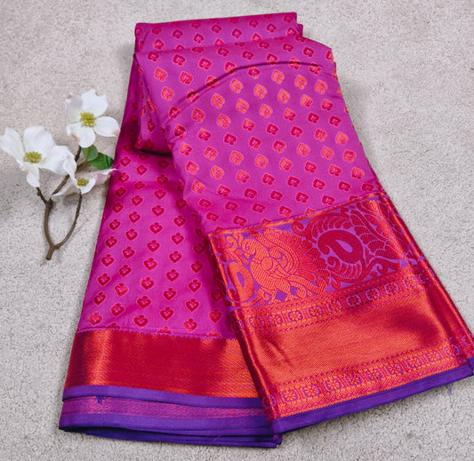 Kanchi Semi Silk Saree – Pink Body with Purple Big Peacock Zari Border(KSS-01)