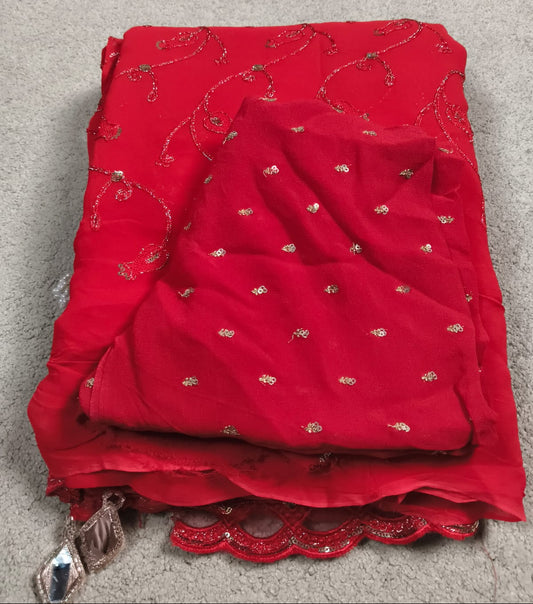 Applique Georgette Saree – Red (With Blouse Piece)(Code AG-01)