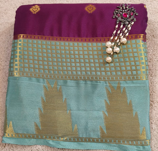 Semi Silk Saree – Purple With Cascade Green Temple Border(Code SS-17)