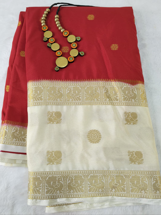 Semi Silk Red & White Bentex Border Saree(Code SS-32)
