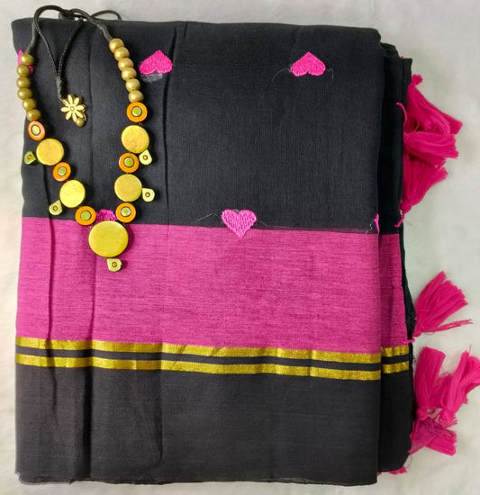 Mulmul Embroidery Saree – Black with Pink Hearts(Code ME-02)