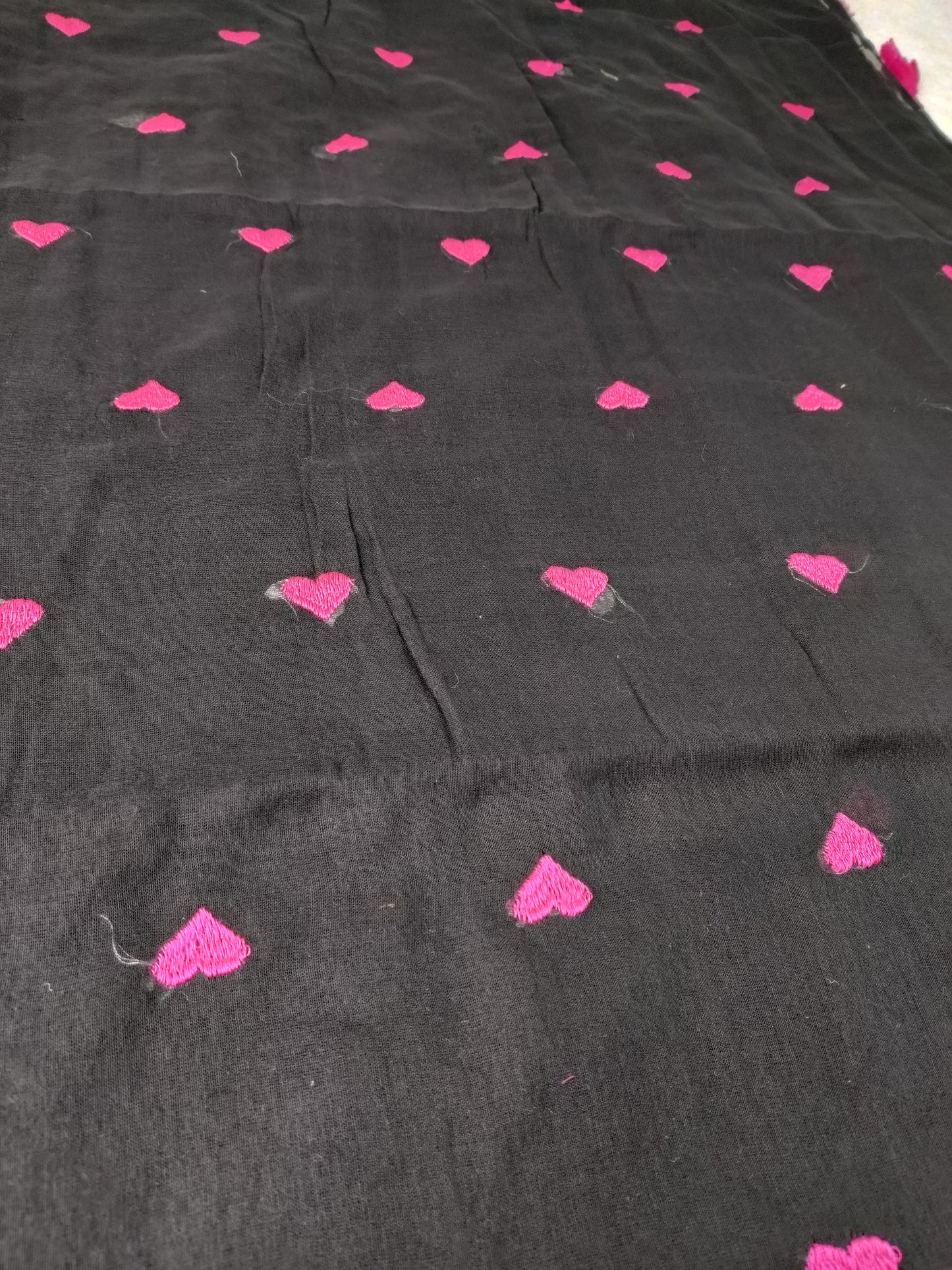Mulmul Embroidery Saree – Black with Pink Hearts(Code ME-02)
