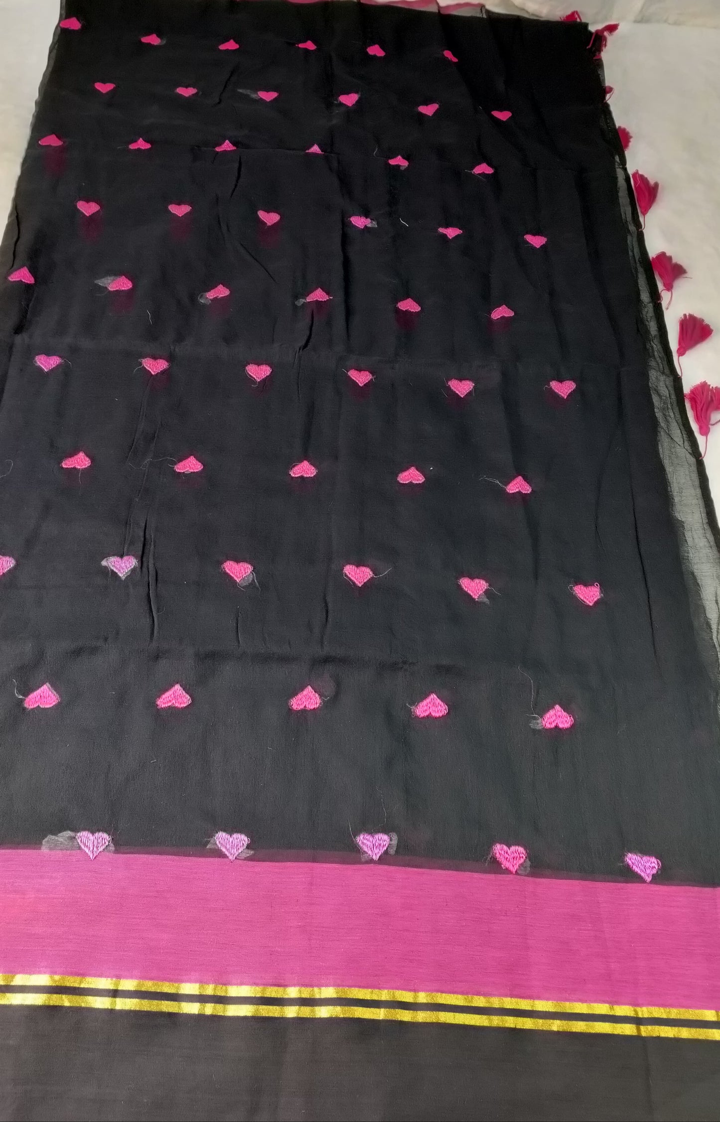 Mulmul Embroidery Saree – Black with Pink Hearts(Code ME-02)