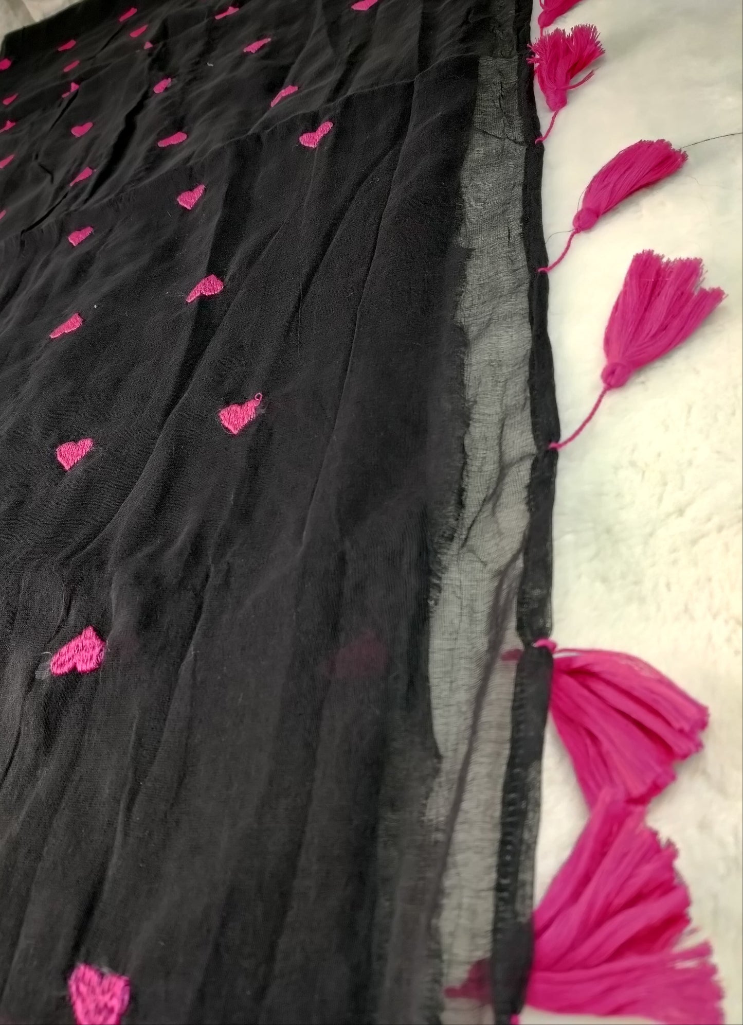 Mulmul Embroidery Saree – Black with Pink Hearts(Code ME-02)
