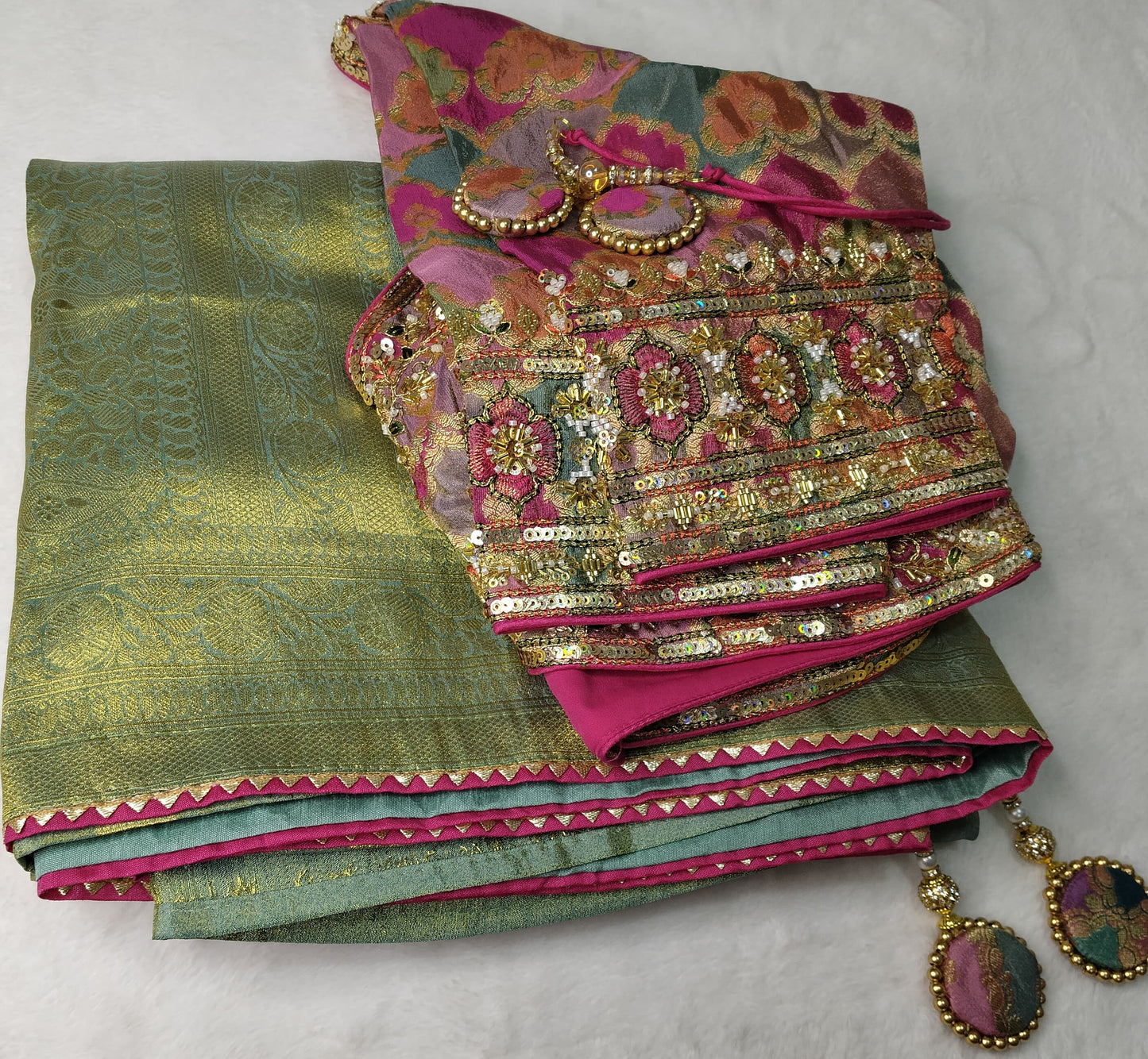 Tissue Banarasi Silk Saree with Banaras Jamawar Ready-Made Blouse(Code PBS-02)
