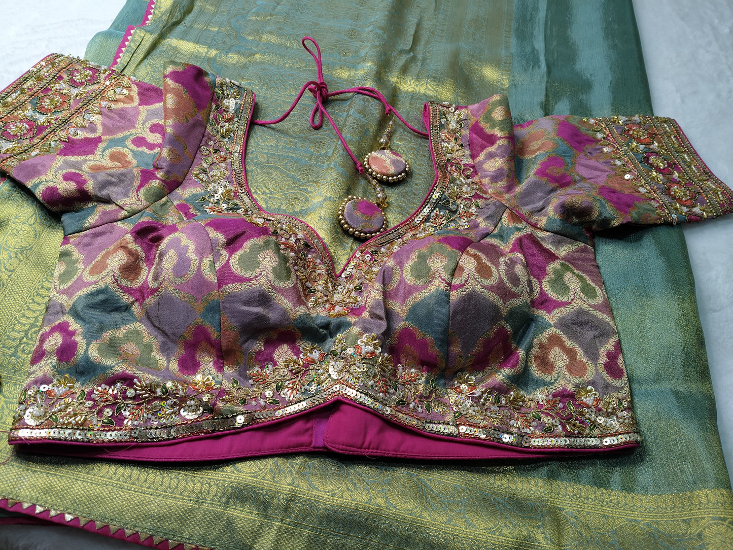 Tissue Banarasi Silk Saree with Banaras Jamawar Ready-Made Blouse(Code PBS-02)