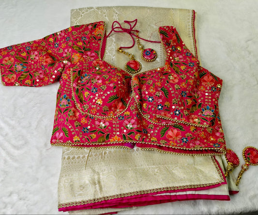 Tissue Banarasi Silk Saree with  Banaras Jamawar Blouse(Code PBS-01)