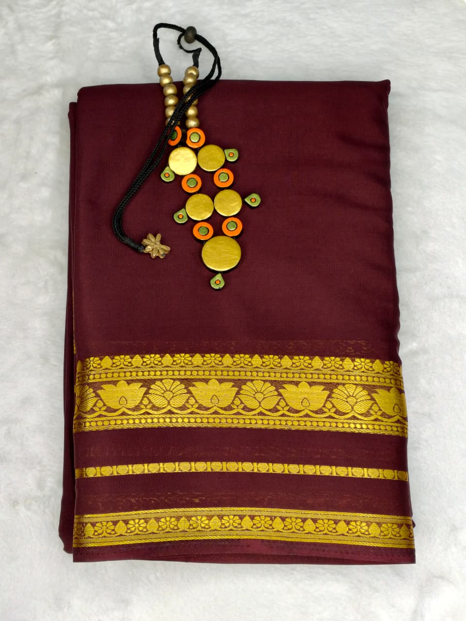 Premium Semi Crepe saree - Dark Chocolate Brown with Gold Zari Border(SS-34)