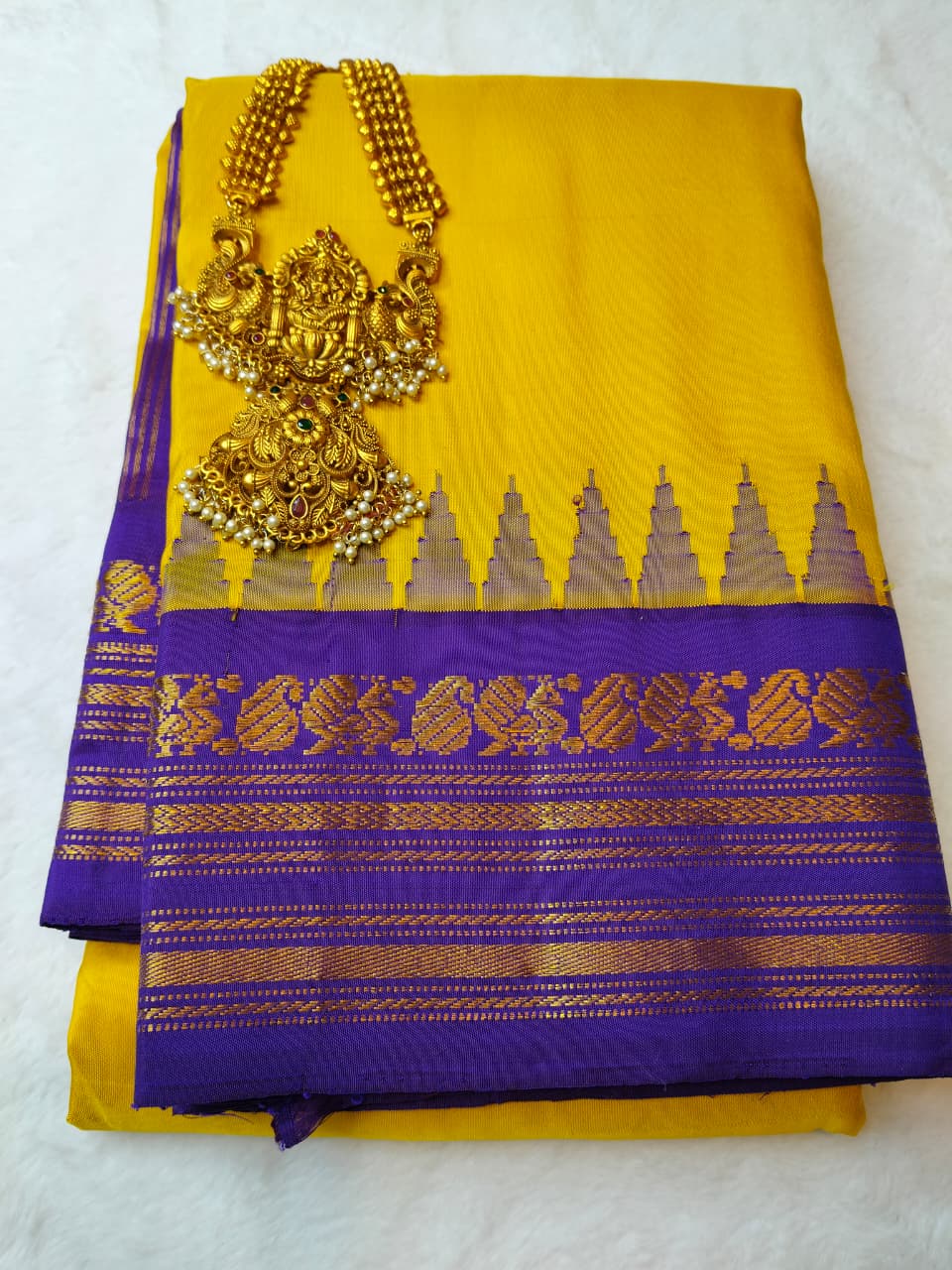 Molakalmuru Pure Temple Kuttu Saree Yellow With Royal Purple(MMP-04)