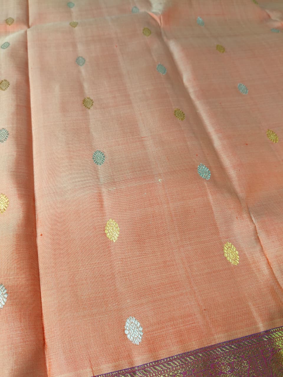 Molakalmuru Pure Big Border  Butta Silk Saree Peach With Purple Border(MMP-12)