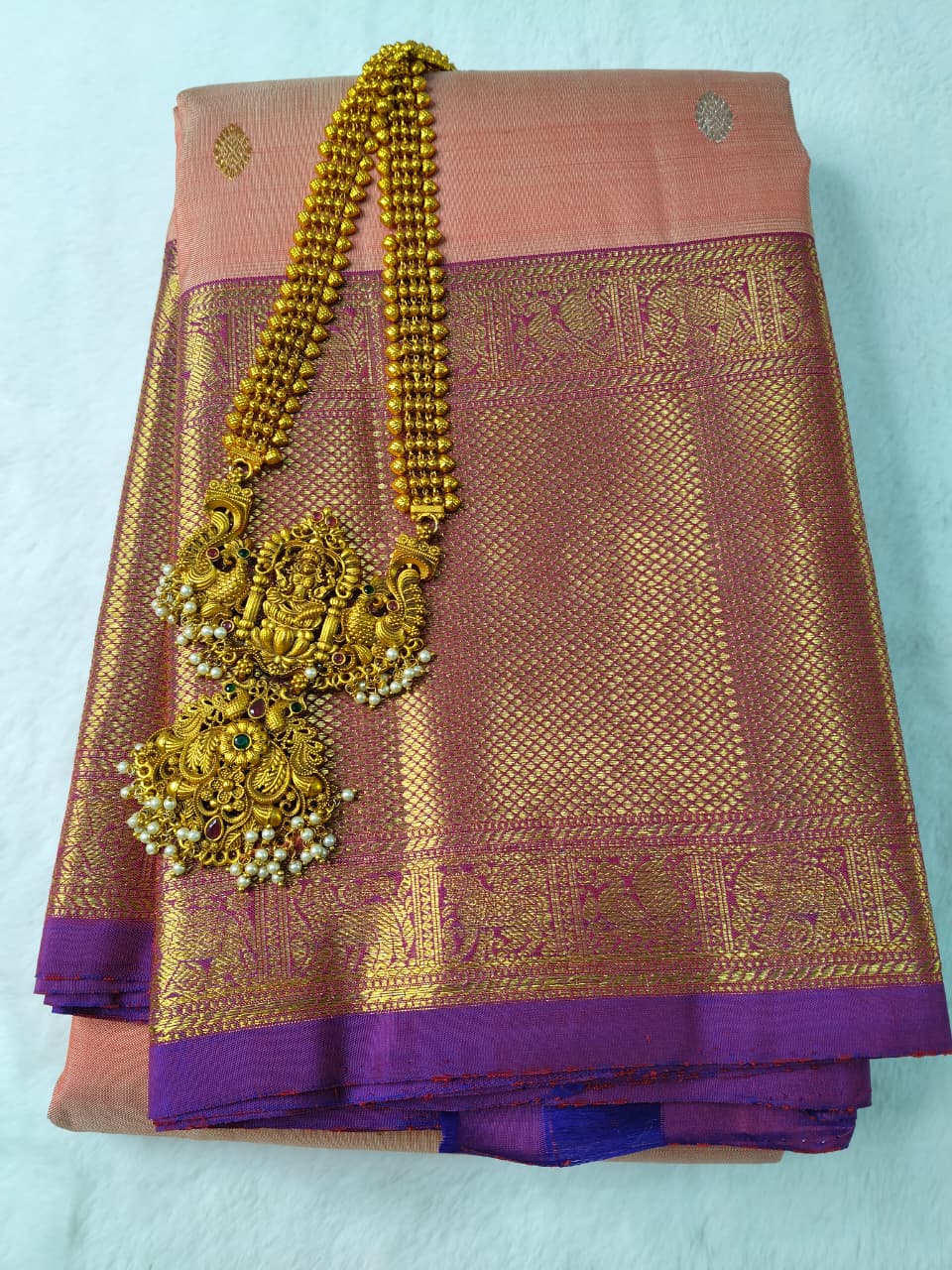 Molakalmuru Pure Big Border  Butta Silk Saree Peach With Purple Border(MMP-12)