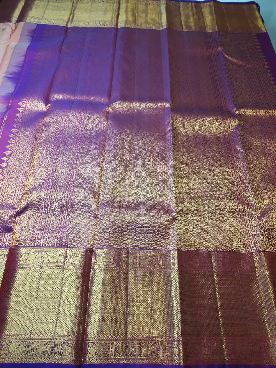 Molakalmuru Pure Big Border  Butta Silk Saree Peach With Purple Border(MMP-12)