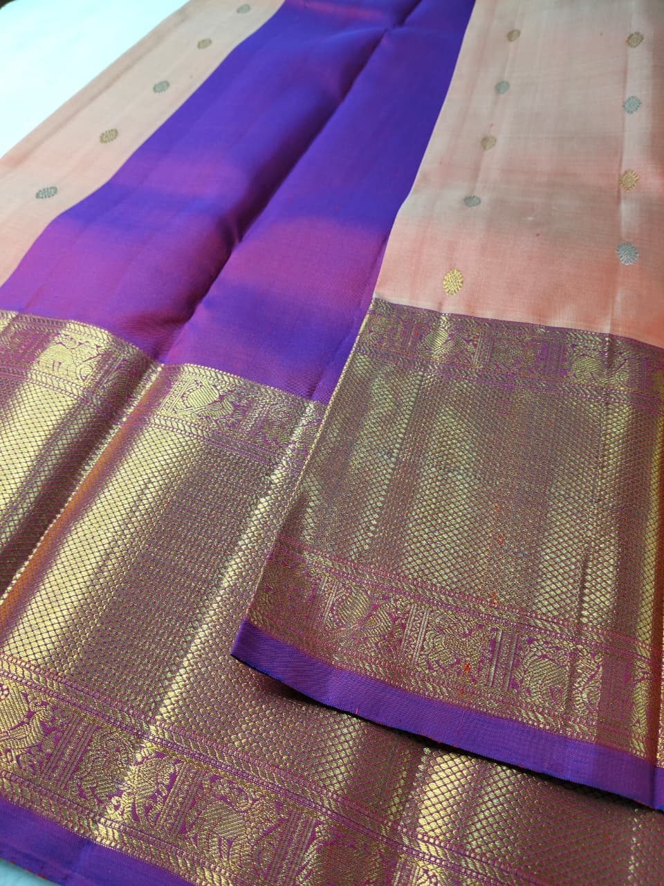 Molakalmuru Pure Big Border  Butta Silk Saree Peach With Purple Border(MMP-12)