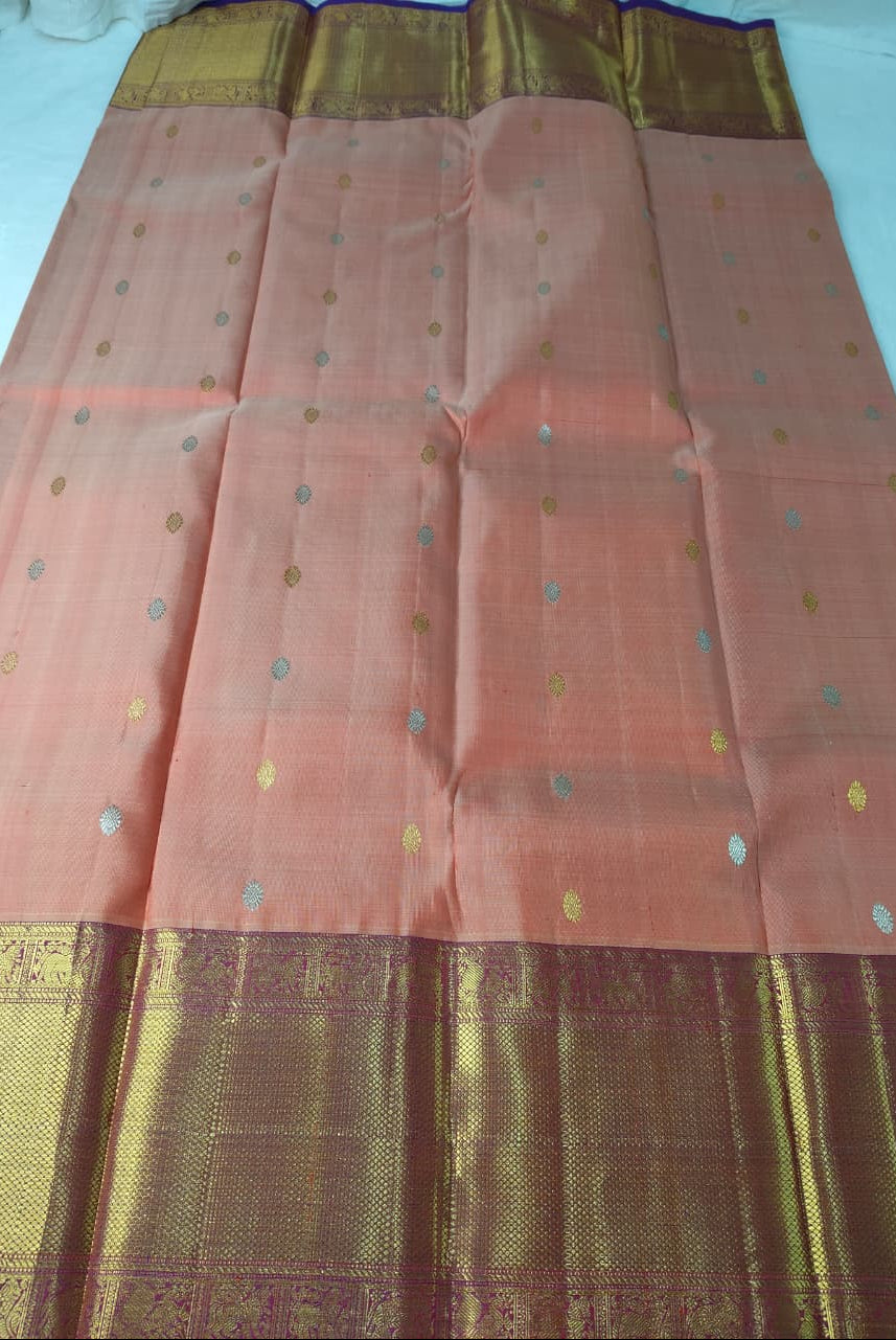 Molakalmuru Pure Big Border  Butta Silk Saree Peach With Purple Border(MMP-12)