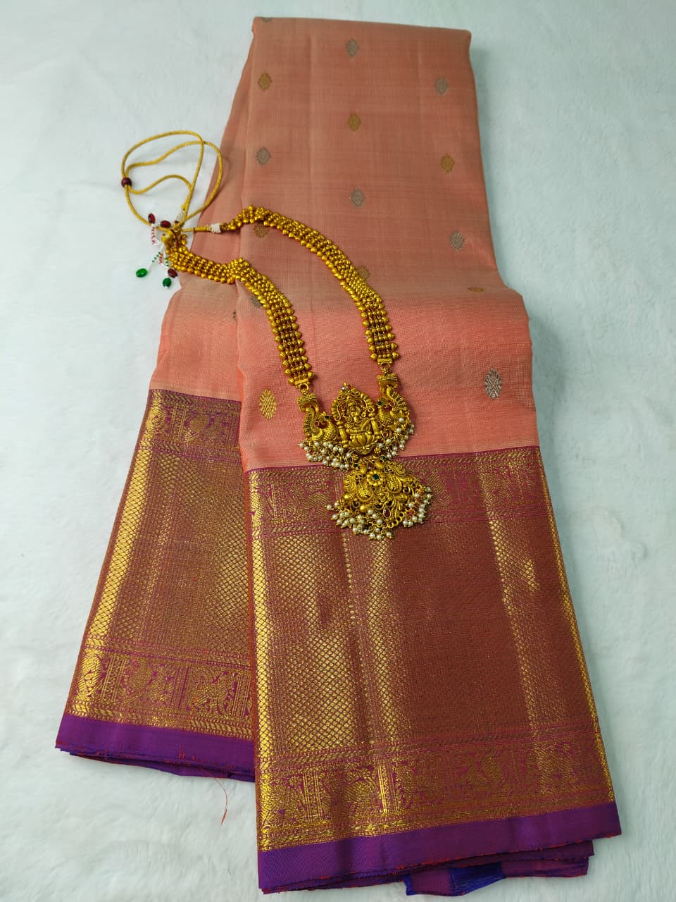 Molakalmuru Pure Big Border  Butta Silk Saree Peach With Purple Border(MMP-12)