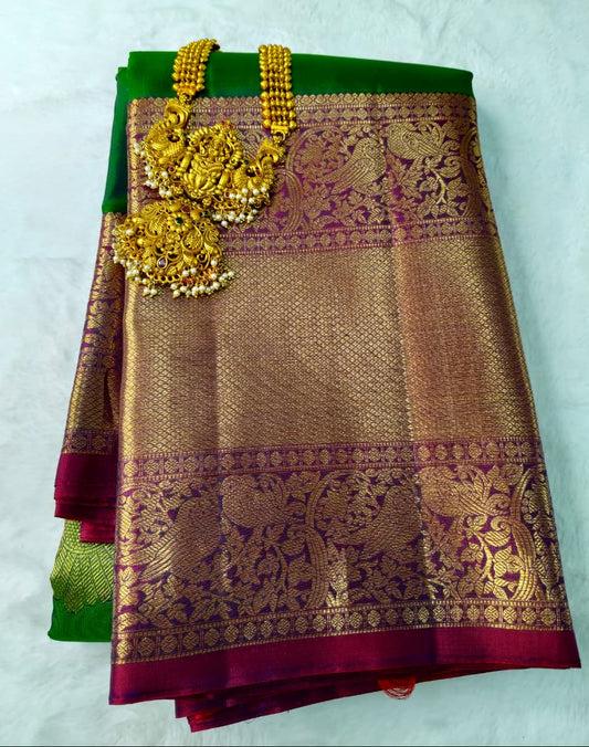 Molakalmuru Pure Big Border Butta Silk Saree Green With Maroon (MMP-07)