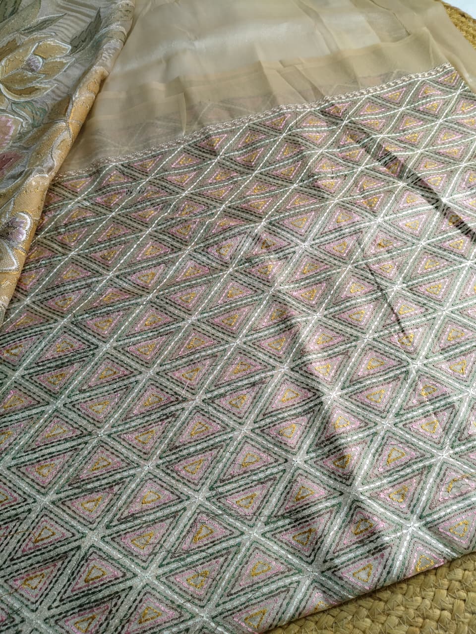 Pure Tissue Organza Saree With Meenakari Resham Floral Pallu Work & Peeta Border(Code FTS-02)