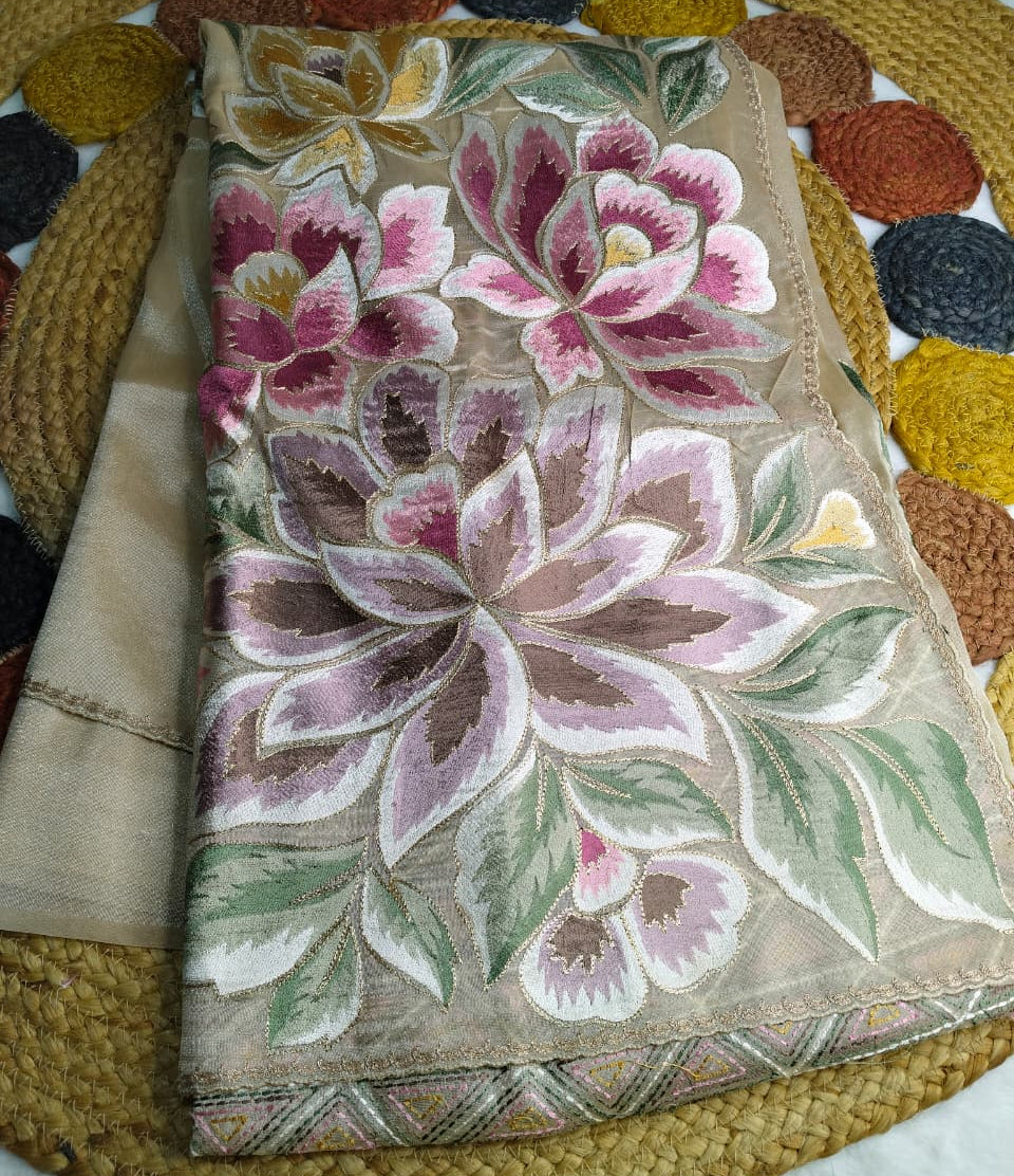 Pure Tissue Organza Saree With Meenakari Resham Floral Pallu Work & Peeta Border(Code FTS-02)