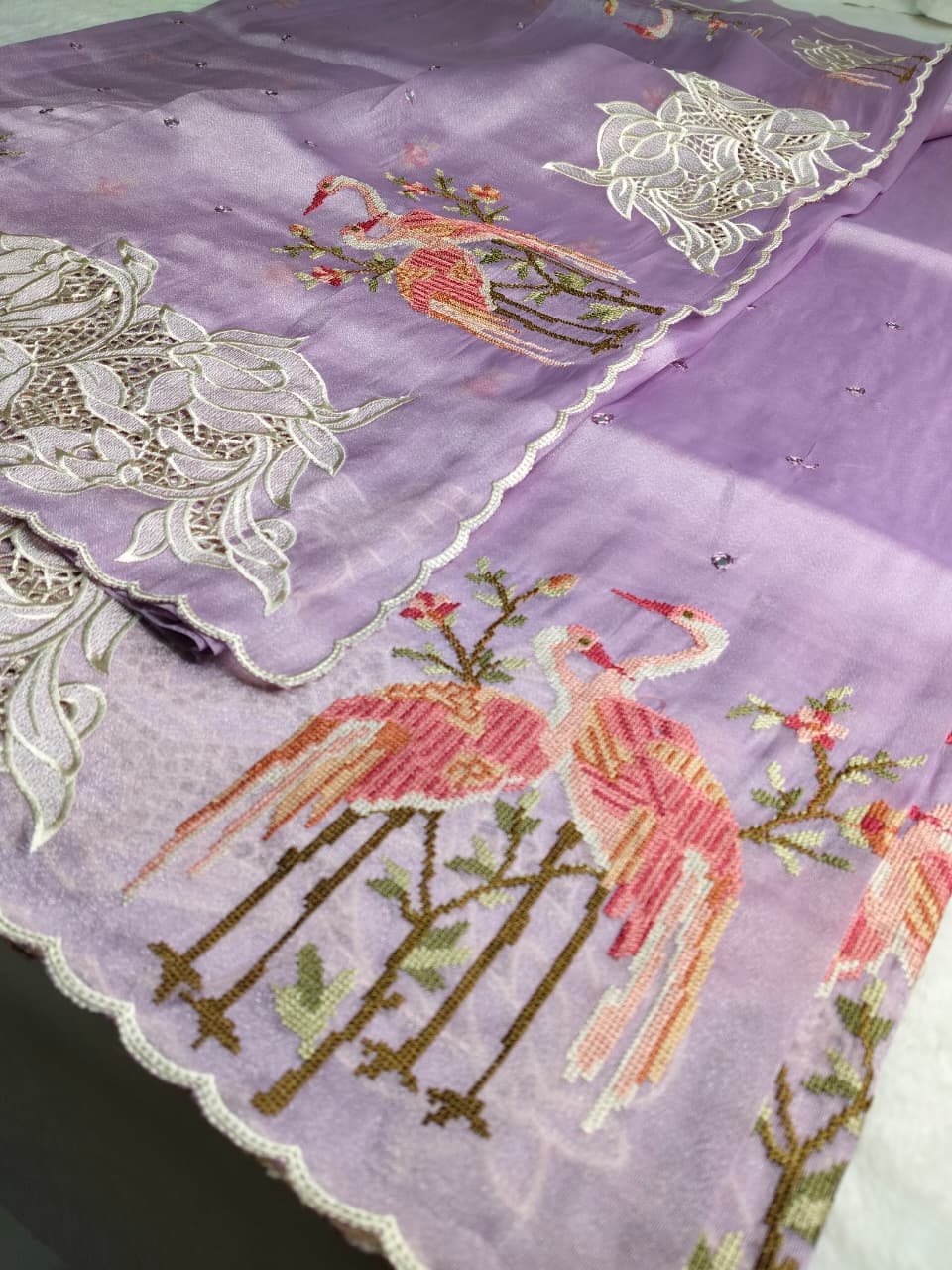 Pure Tissue Organza Saree with Cutwork & Flamingo Appliqué Work(Code FTS-07)