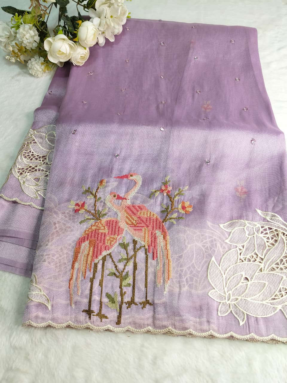 Pure Tissue Organza Saree with Cutwork & Flamingo Appliqué Work(Code FTS-07)