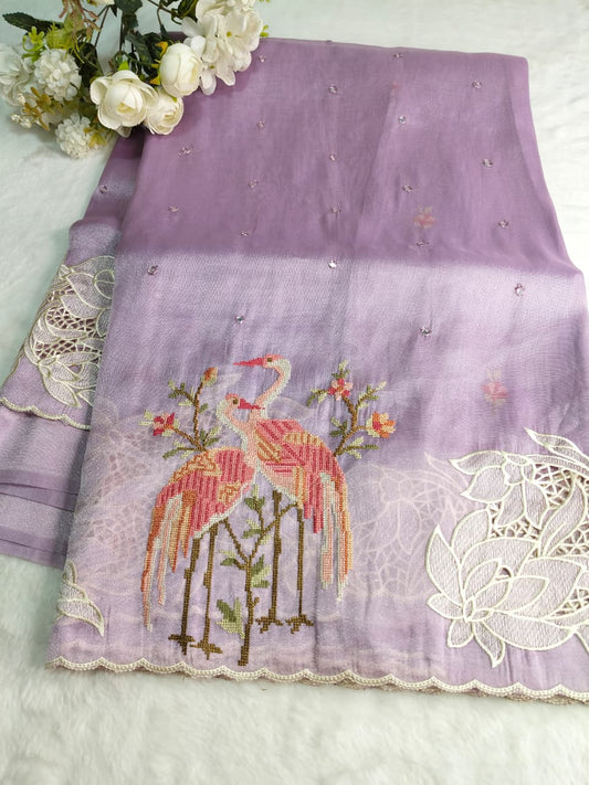 Pure Tissue Organza Saree with Cutwork & Flamingo Appliqué Work(Code FTS-07)