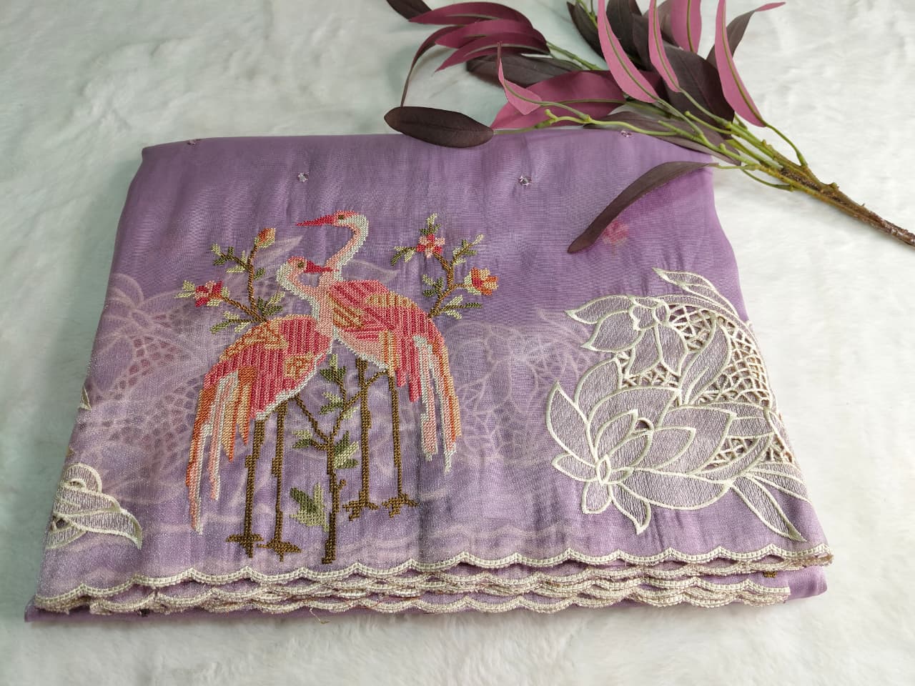 Pure Tissue Organza Saree with Cutwork & Flamingo Appliqué Work(Code FTS-07)