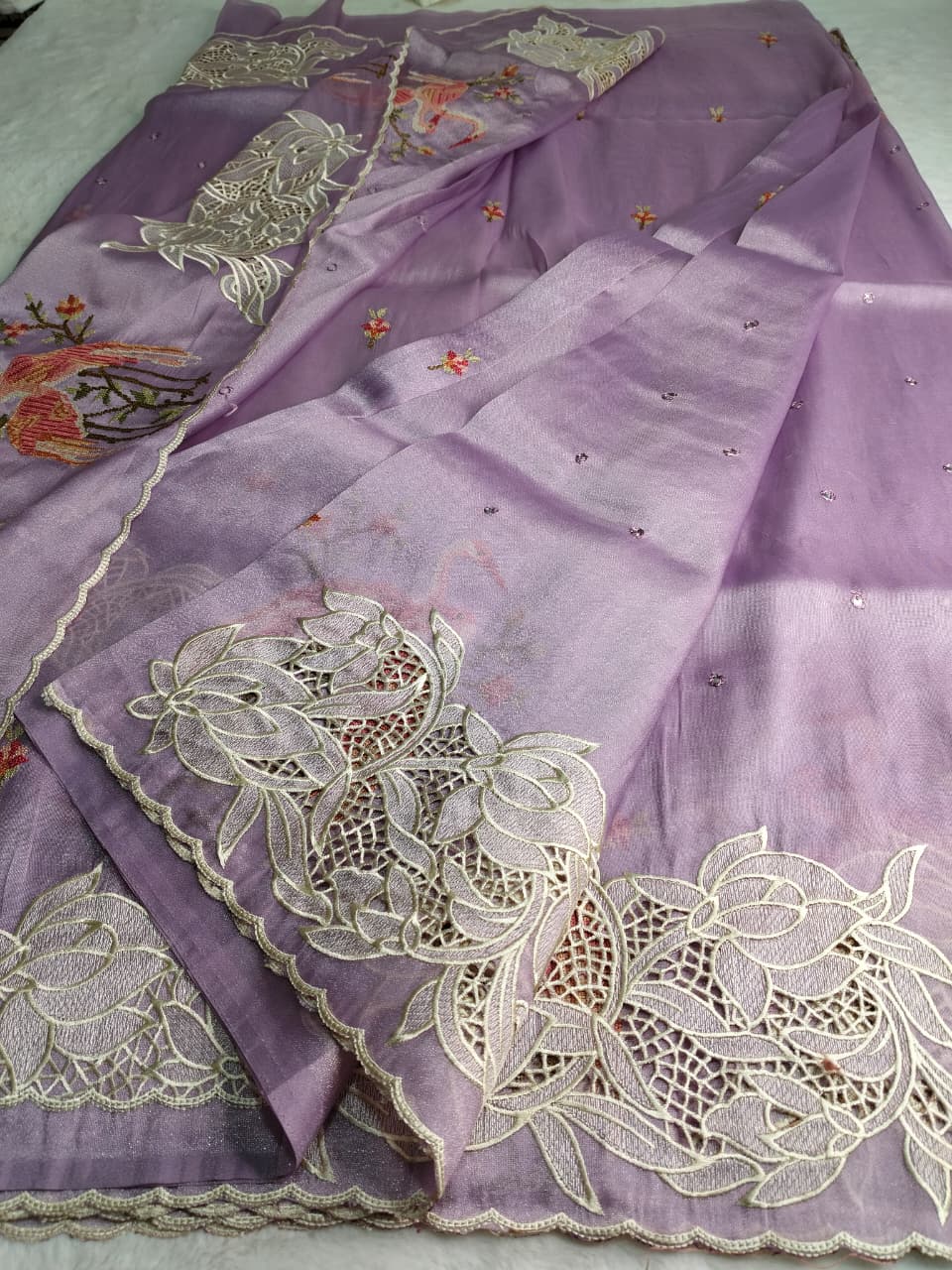 Pure Tissue Organza Saree with Cutwork & Flamingo Appliqué Work(Code FTS-07)