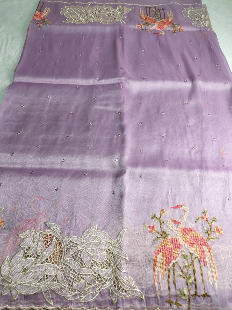 Pure Tissue Organza Saree with Cutwork & Flamingo Appliqué Work(Code FTS-07)
