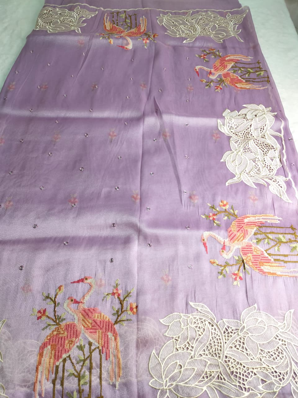 Pure Tissue Organza Saree with Cutwork & Flamingo Appliqué Work(Code FTS-07)