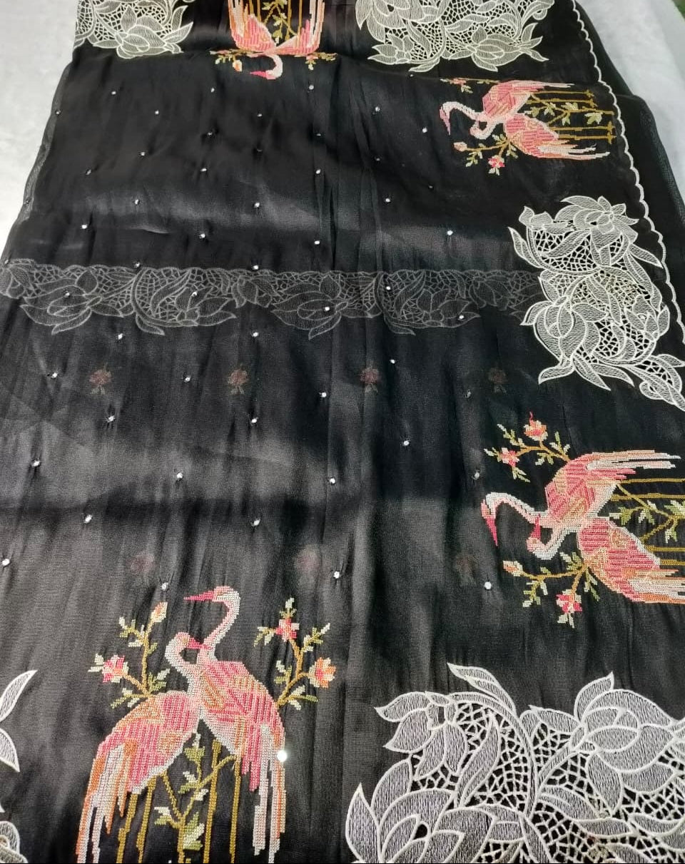 Pure Tissue Organza Saree with Cutwork & Flamingo Appliqué Work(Code FTS-07)