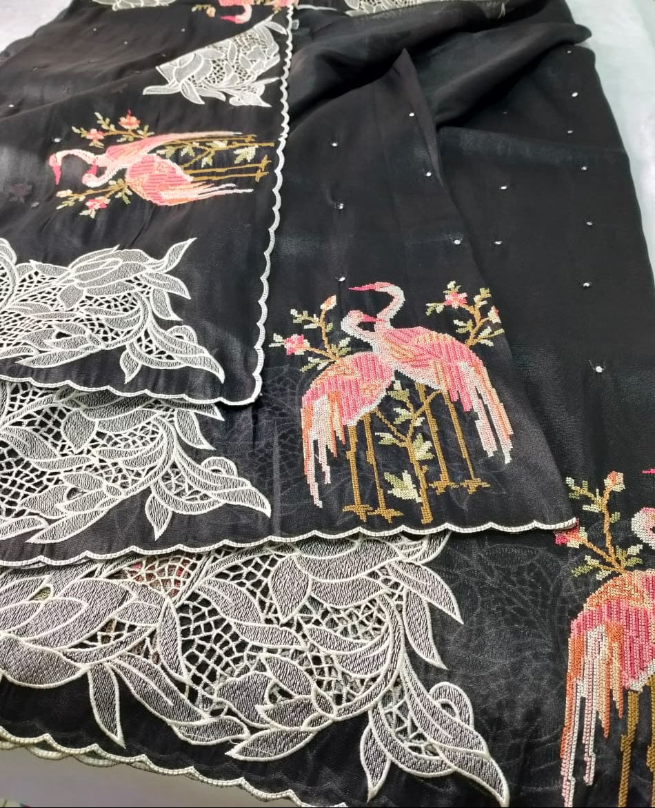 Pure Tissue Organza Saree with Cutwork & Flamingo Appliqué Work(Code FTS-07)