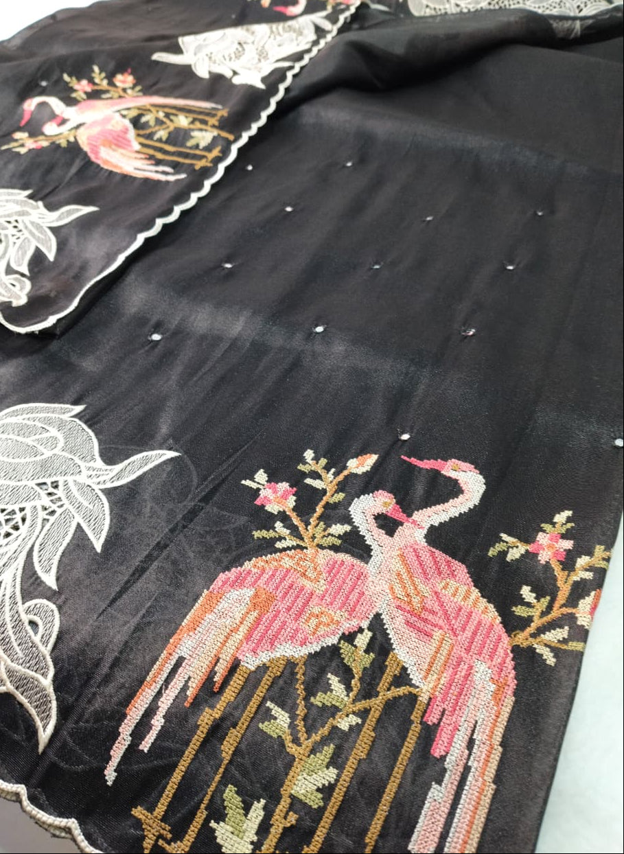 Pure Tissue Organza Saree with Cutwork & Flamingo Appliqué Work(Code FTS-07)