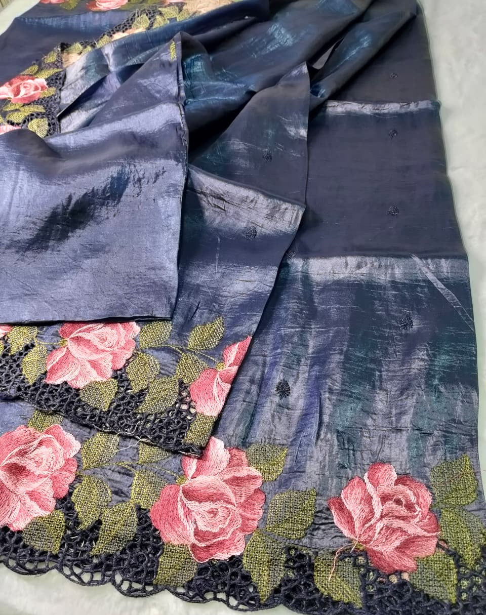 Crush Tussar Saree With Korean Machinery Floral Work(Code FTS-05)