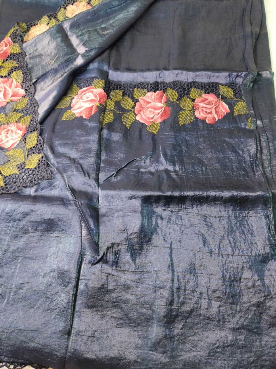 Crush Tussar Saree With Korean Machinery Floral Work(Code FTS-05)