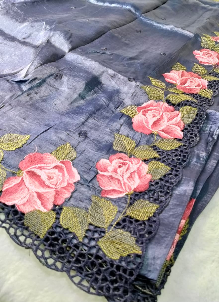 Crush Tussar Saree With Korean Machinery Floral Work(Code FTS-05)