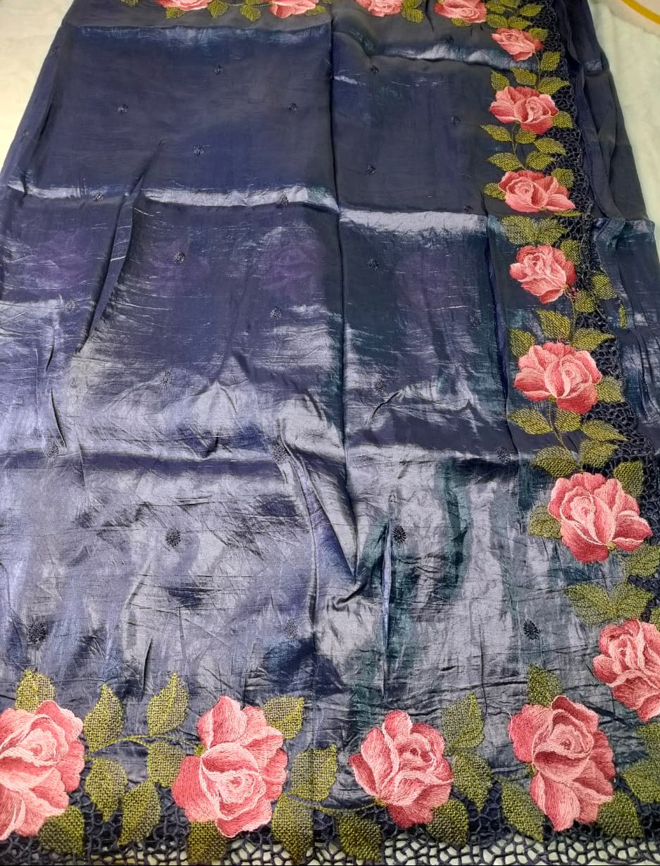 Crush Tussar Saree With Korean Machinery Floral Work(Code FTS-05)