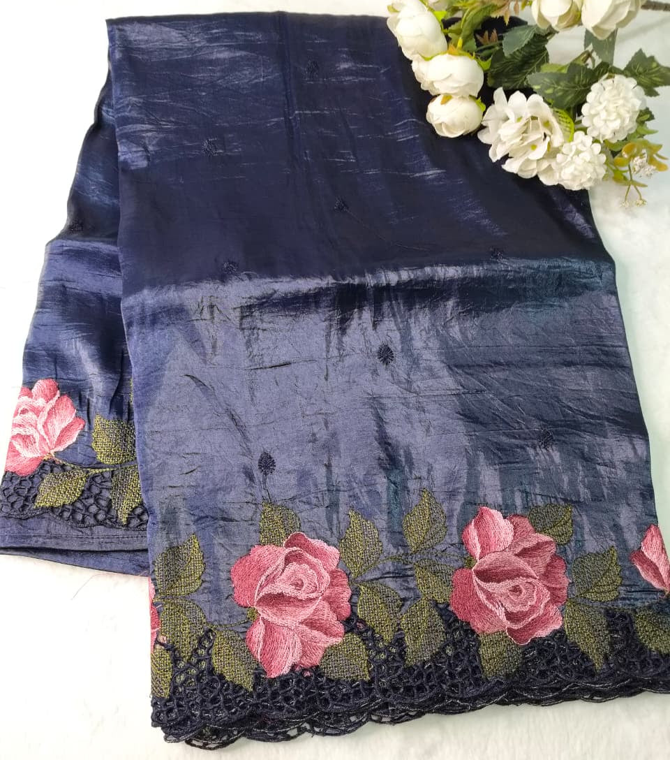 Crush Tussar Saree With Korean Machinery Floral Work(Code FTS-05)