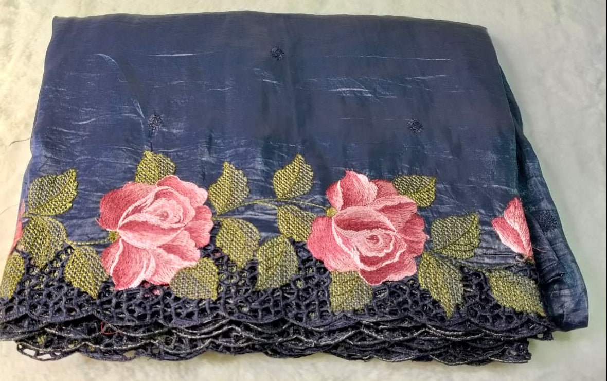 Crush Tussar Saree With Korean Machinery Floral Work(Code FTS-05)